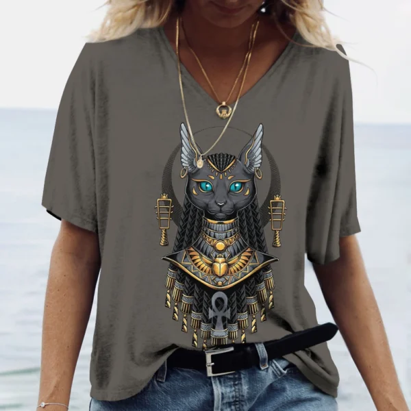 Kawaii Cat Graphic Tops Summer V-Neck Loose Short Sleeve T-shirt - Image 8