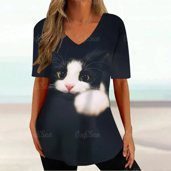 Kawaii Cat Graphic Tops Summer V-Neck Loose Short Sleeve T-shirt - Image 17