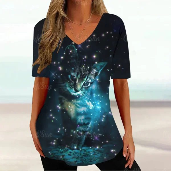 Kawaii Cat Graphic Tops Summer V-Neck Loose Short Sleeve T-shirt - Image 11