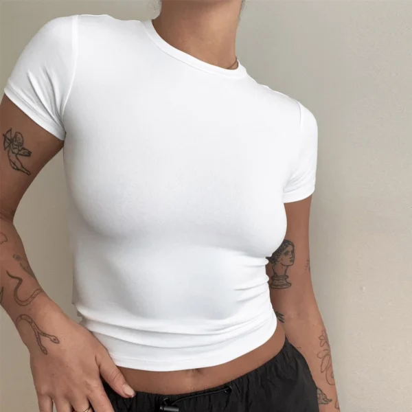Short Sleeve Casual O-Neck Solid Slim Fit Tee Summer Sexy Basic Top Simple T Shirt - Image 17