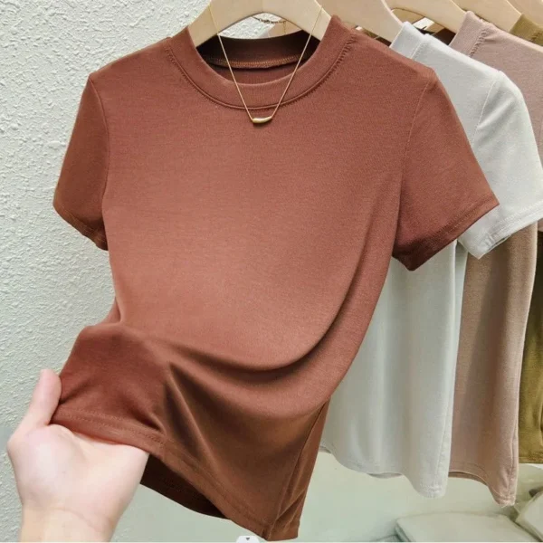 Solid Pink Short Sleeve Tight Elastic Crew Neck T-Shirt - Image 8