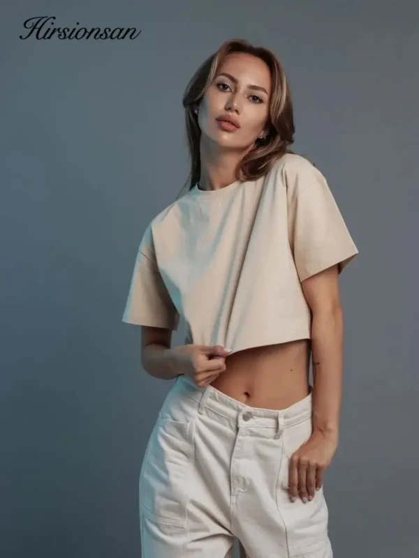 100% Cotton Short Chic Vintage O Neck Top T-Shirt - Image 3