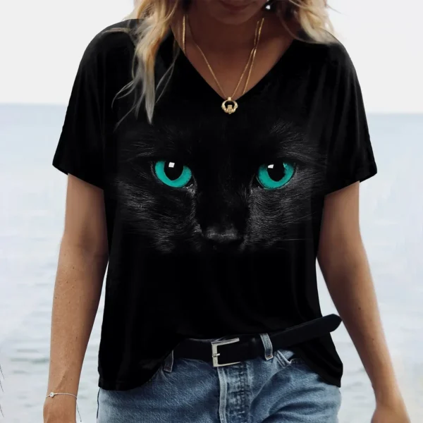 Kawaii Cat Graphic Tops Summer V-Neck Loose Short Sleeve T-shirt - Image 30