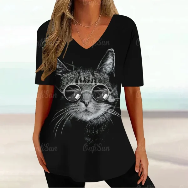 Kawaii Cat Graphic Tops Summer V-Neck Loose Short Sleeve T-shirt - Image 9