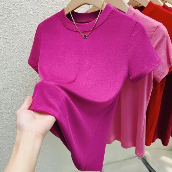 Solid Pink Short Sleeve Tight Elastic Crew Neck T-Shirt - Image 11