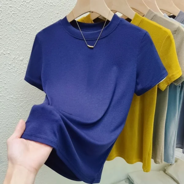 Solid Pink Short Sleeve Tight Elastic Crew Neck T-Shirt - Image 4