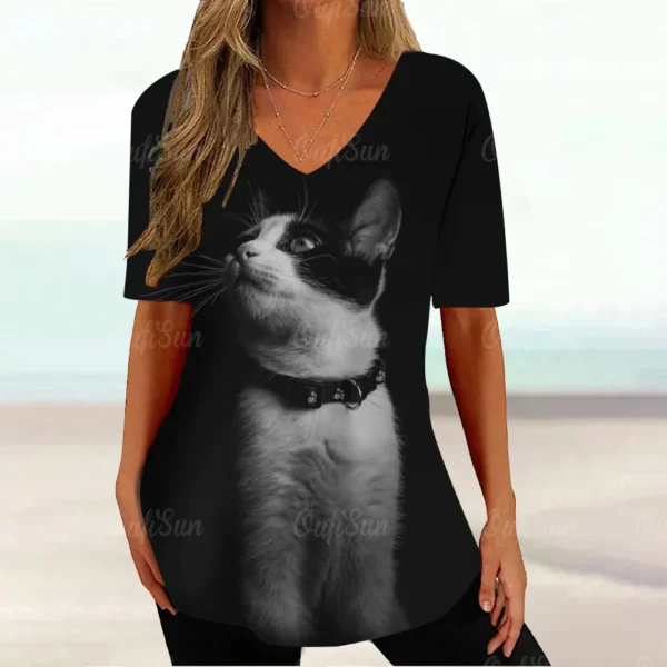 Kawaii Cat Graphic Tops Summer V-Neck Loose Short Sleeve T-shirt - Image 18