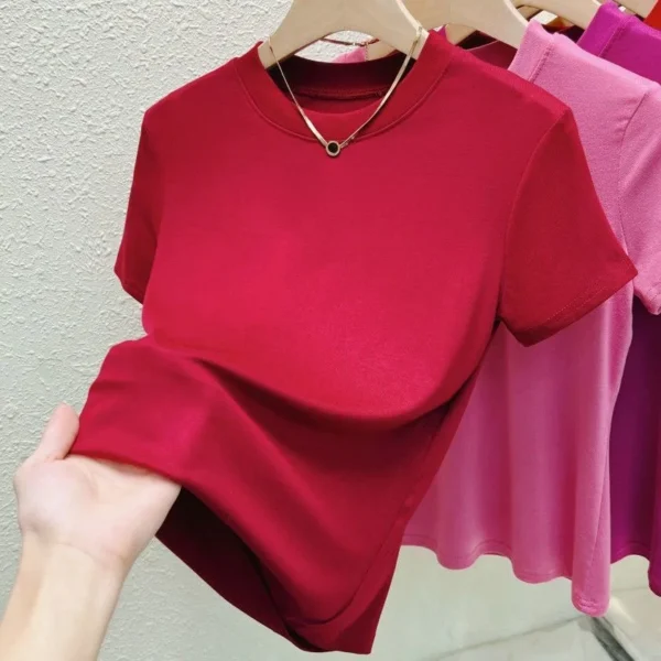 Solid Pink Short Sleeve Tight Elastic Crew Neck T-Shirt - Image 5