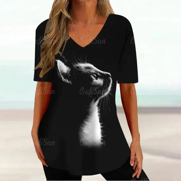 Kawaii Cat Graphic Tops Summer V-Neck Loose Short Sleeve T-shirt - Image 22