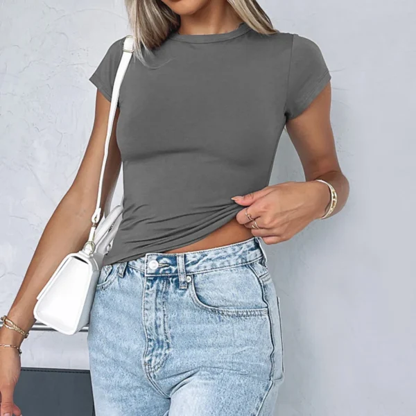 Short Sleeve Casual O-Neck Solid Slim Fit Tee Summer Sexy Basic Top Simple T Shirt - Image 5