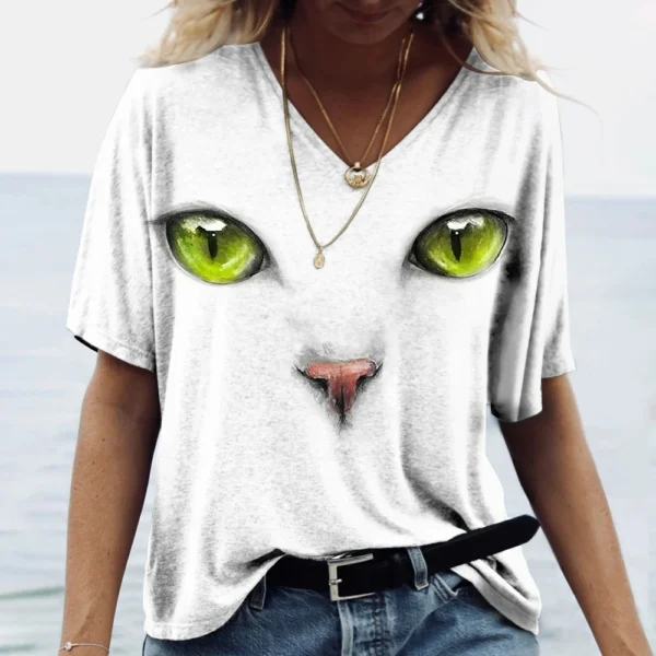 Kawaii Cat Graphic Tops Summer V-Neck Loose Short Sleeve T-shirt - Image 26