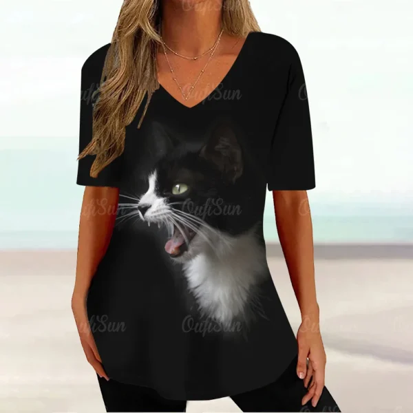 Kawaii Cat Graphic Tops Summer V-Neck Loose Short Sleeve T-shirt - Image 16
