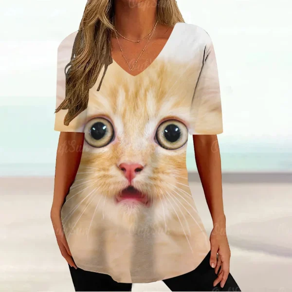 Kawaii Cat Graphic Tops Summer V-Neck Loose Short Sleeve T-shirt - Image 5