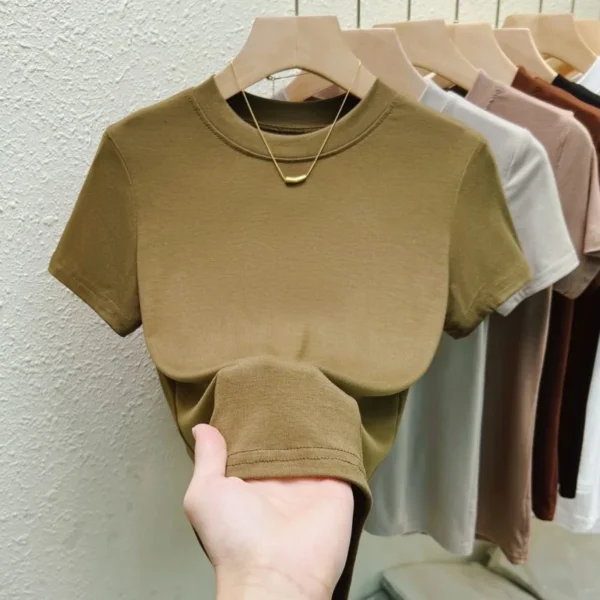 Solid Pink Short Sleeve Tight Elastic Crew Neck T-Shirt - Image 10