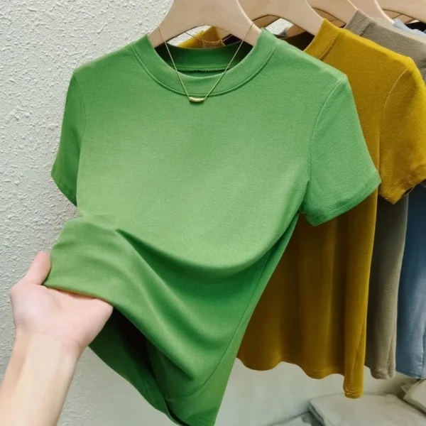 Solid Pink Short Sleeve Tight Elastic Crew Neck T-Shirt - Image 7