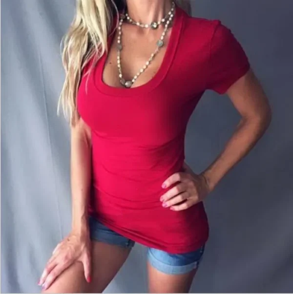 Slim Sexy Solid One Colour Deep V Neck Sexy Short Sleeve Simple T-shirt - Image 10
