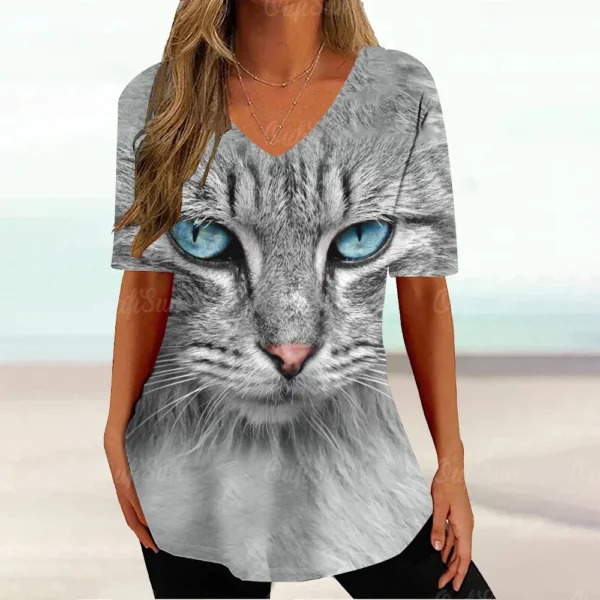 Kawaii Cat Graphic Tops Summer V-Neck Loose Short Sleeve T-shirt - Image 28