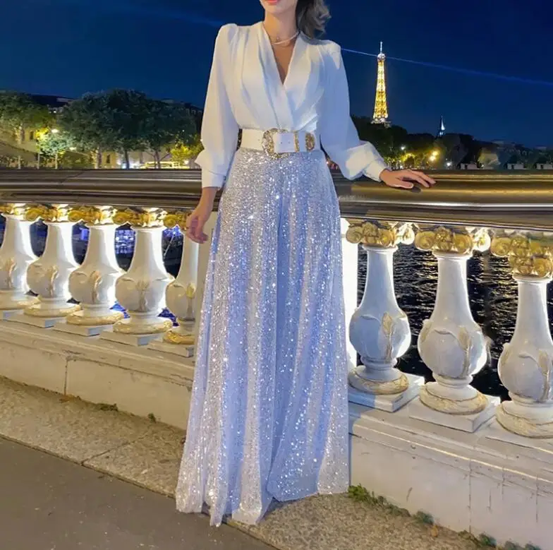 New Fashion Slim Fit Sequin V-neck Long Sleeved Waist Jumpsuit In 10 Colours And With Belt