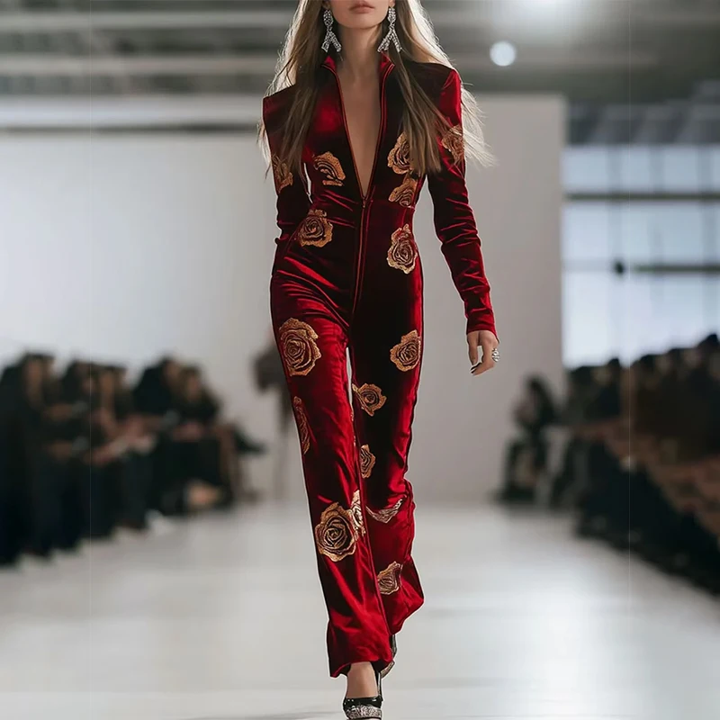 New Sexy Velvet Elegant Long Sleeve Zipper Design Flower Decor Jumpsuits for Women