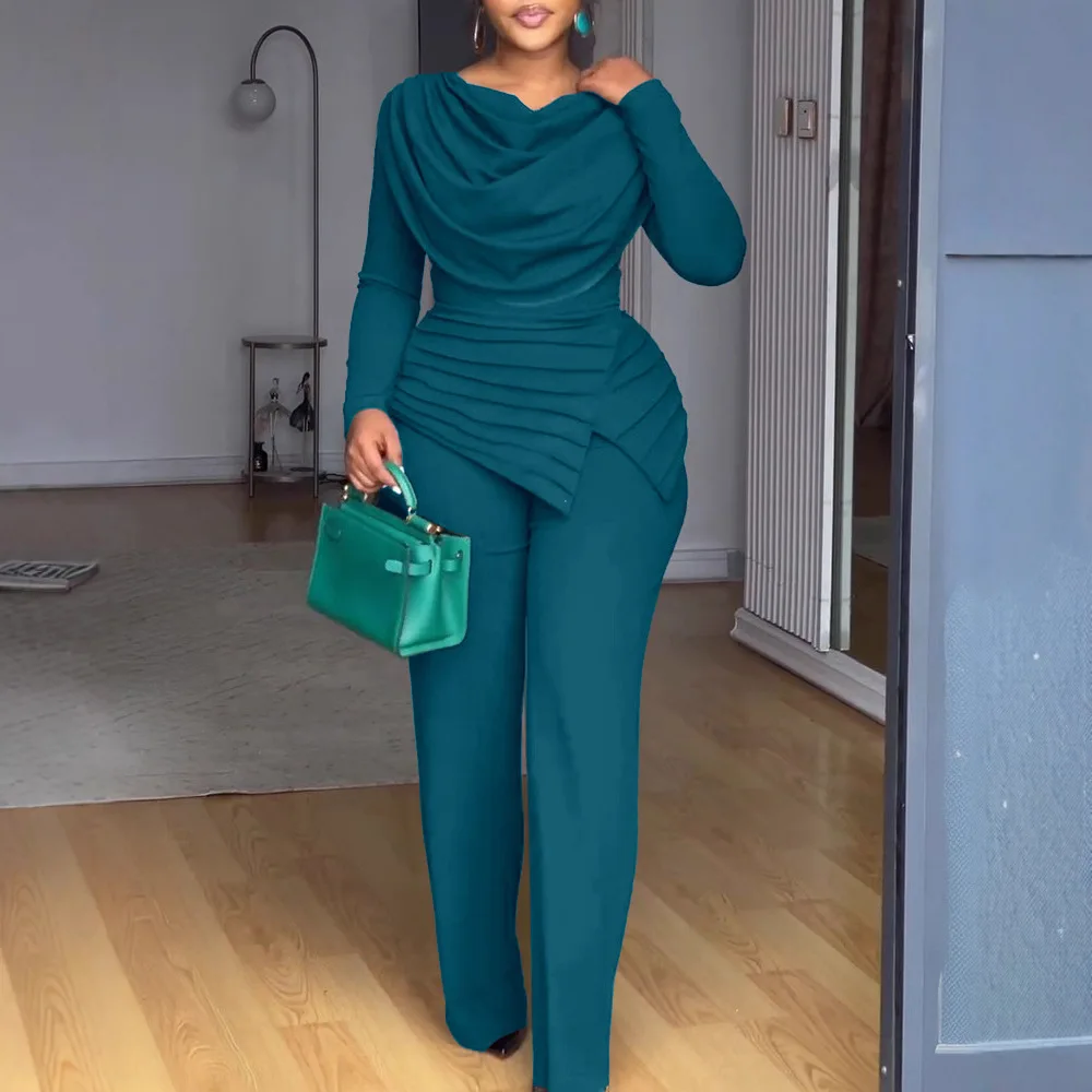 Elegant Office Lady Slim Solid Long Sleeve Vintage Ruched Jumpsuit