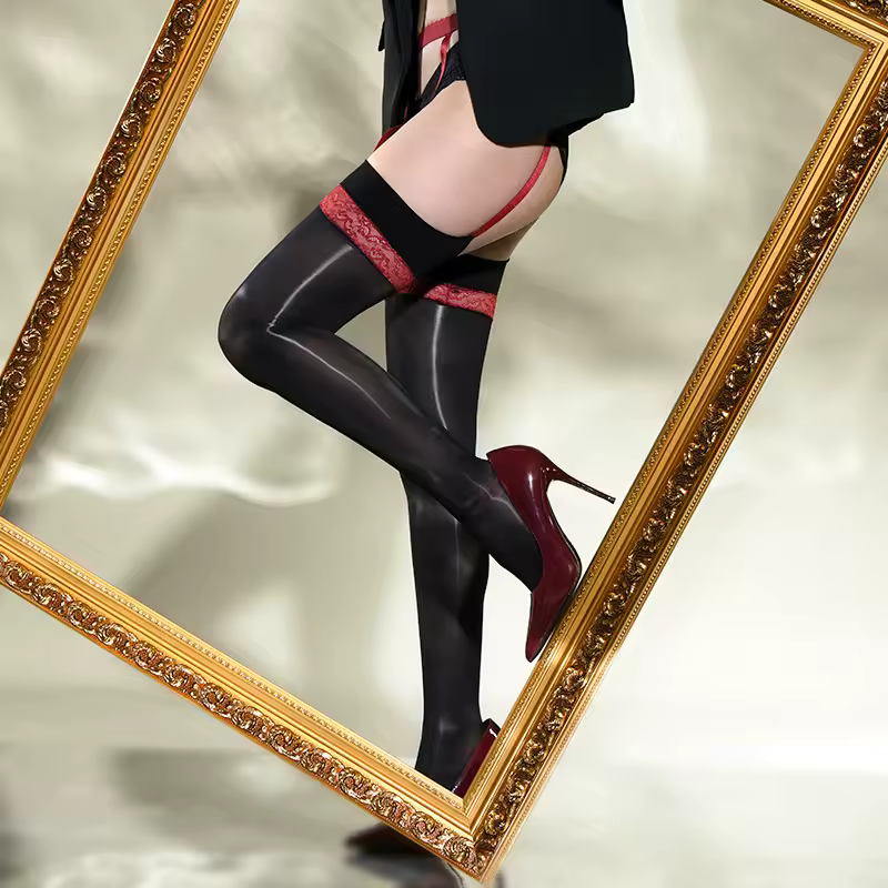 Sexy Shiny Lace Elastic Ultimate High-Gloss Bandage Garter Stockings